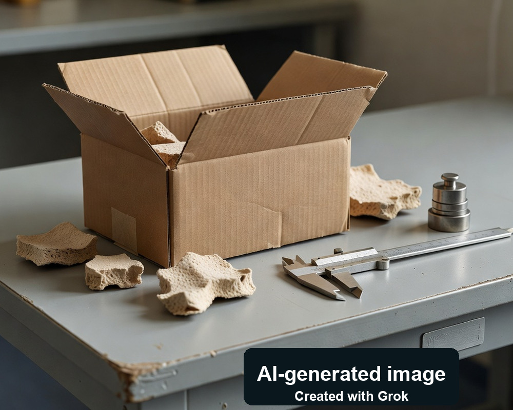 AI-generated photoreal scene of generic packaging samples, caliper and weights; not a Hurom test or result