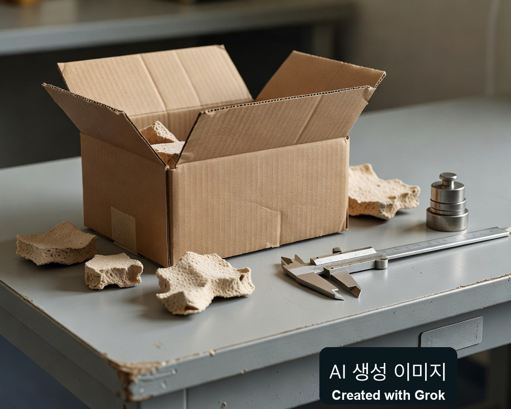 AI 생성 실사풍 재현: 일반 포장재와 캘리퍼스·추를 놓은 품질 점검대. 휴롬 시험 결과 아님
