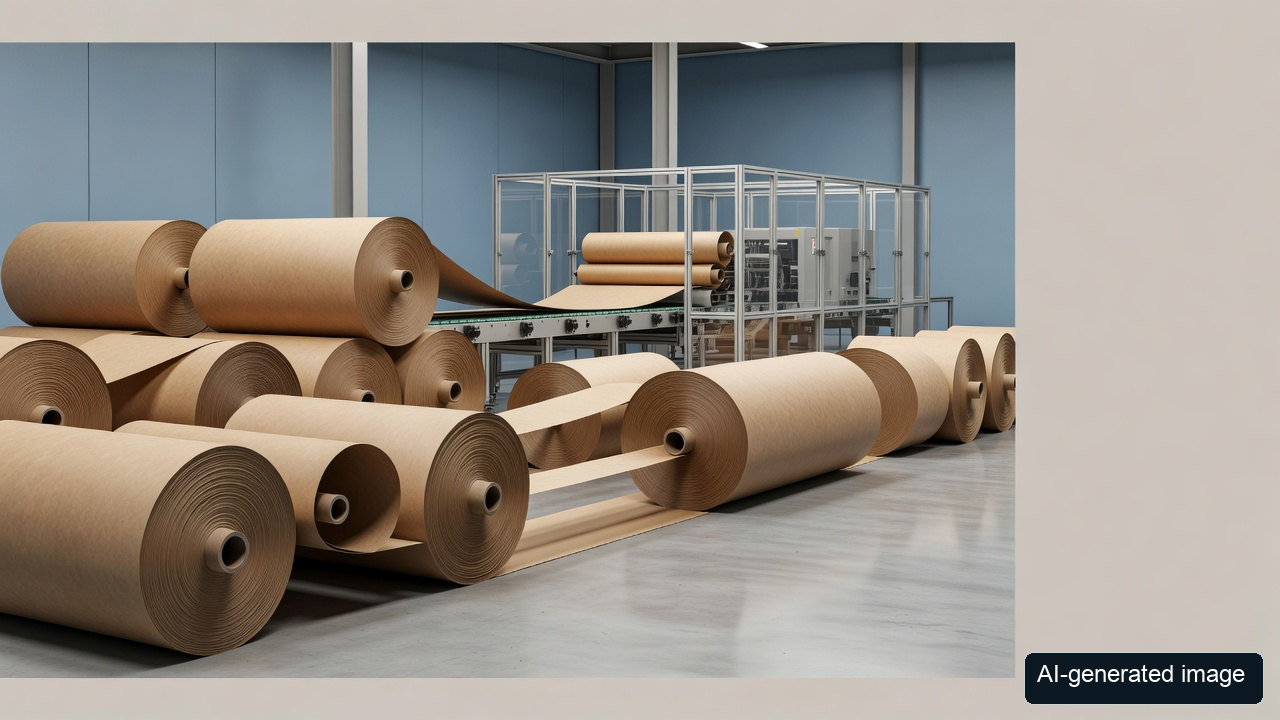 AI-generated conceptual image of generic kraft-paper rolls and a mill; not a photograph of the incident site