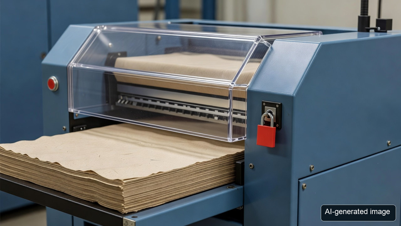 AI-generated conceptual illustration of a generic guarded paper-converting machine; not the equipment or cause of the reported incident