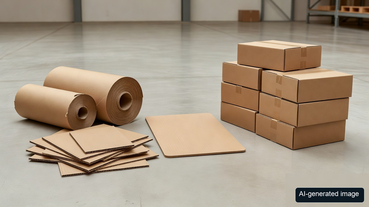 AI-generated conceptual arrangement of paper rolls, corrugated sheets and cartons; not inventory or dispatch evidence from the mill