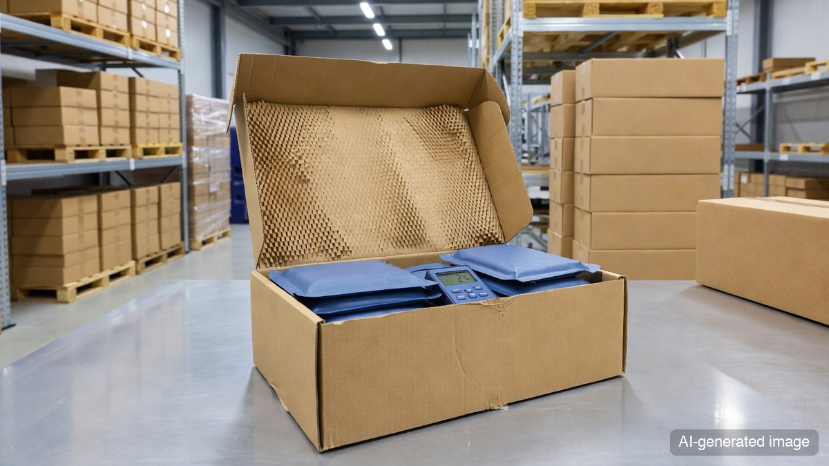 Packaging workbench checking an insulated paper shipping box with a temperature data logger for fresh food delivery