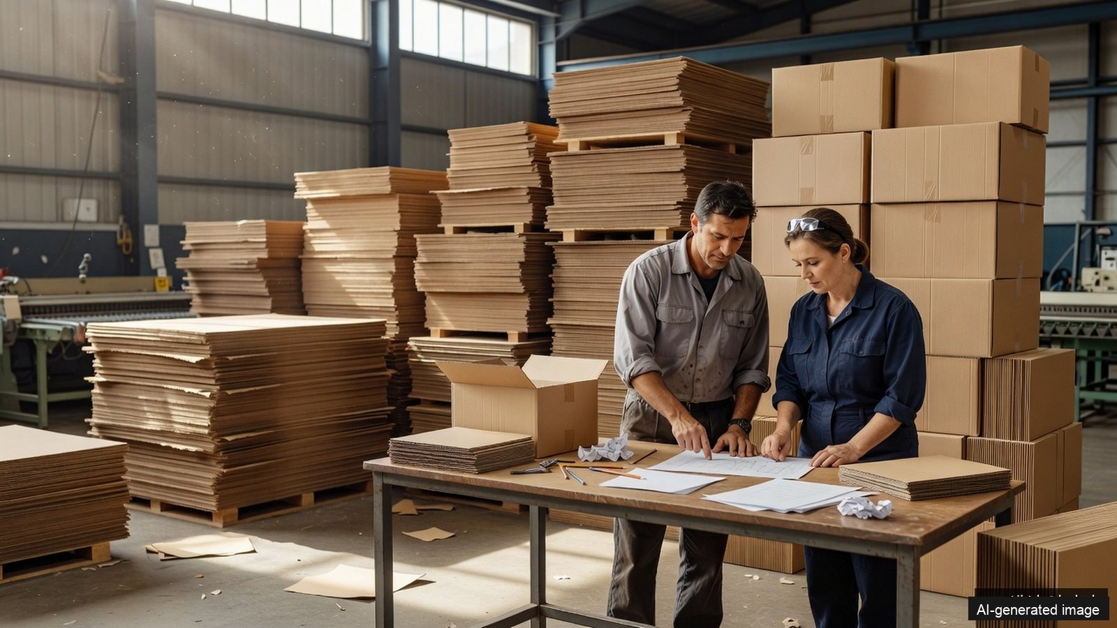 Workers checking transfer paperwork in a corrugated converting warehouse with plain sheets and boxes
