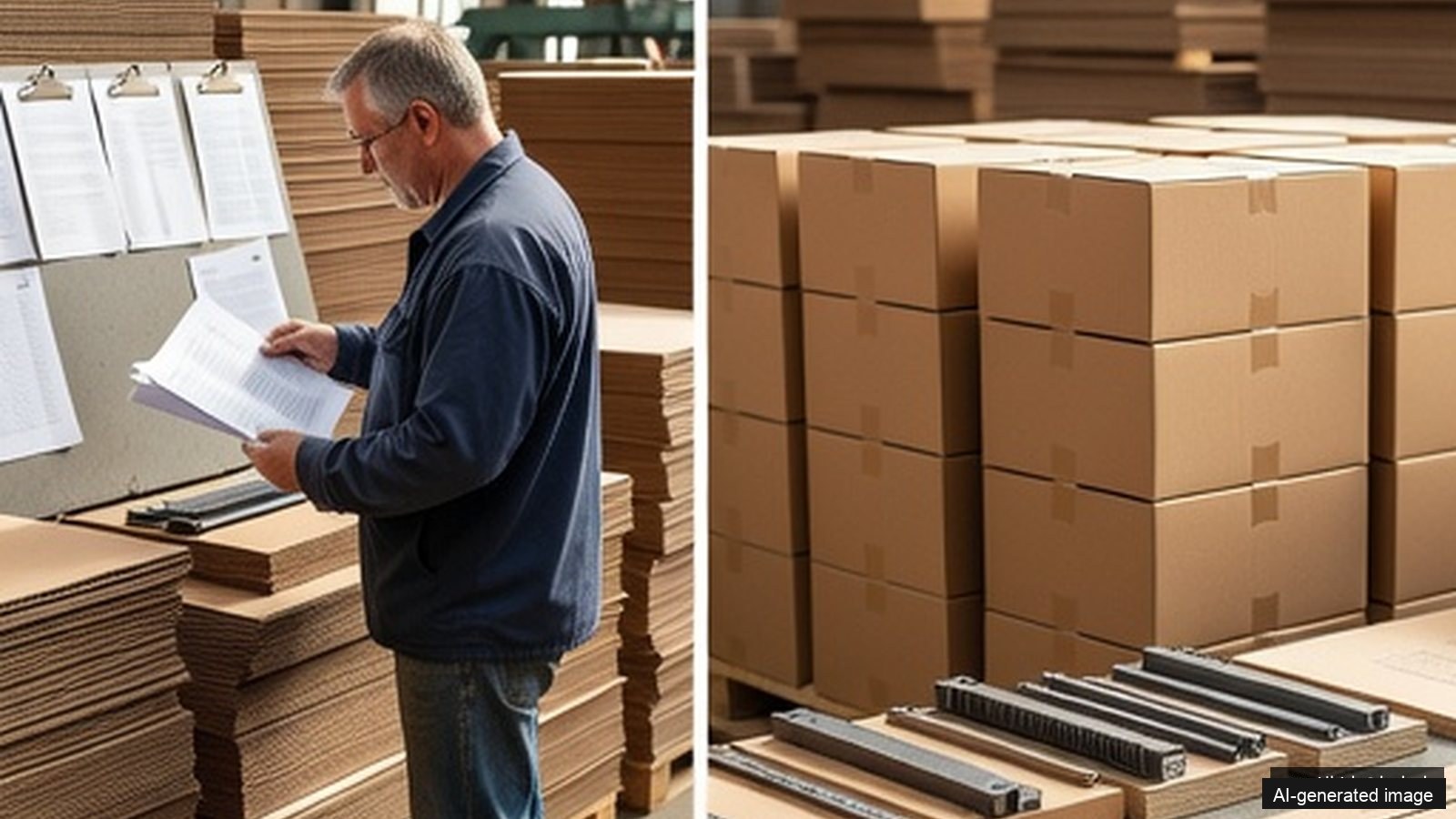 Printing plates and cutting dies for corrugated boxes arranged on a factory worktable