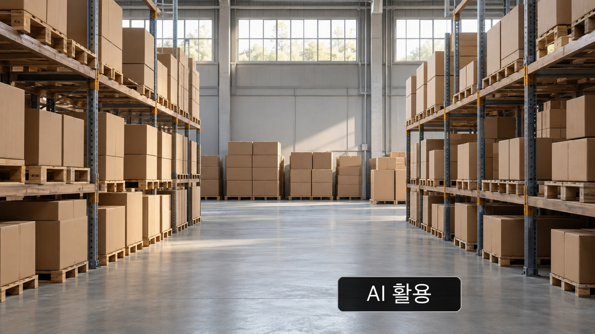 상자가 팔레트 랙에 적재된 일반 포장 창고를 표현한 AI 활용 개념 이미지; IP의 실제 사업장이나 거래 현장 사진이 아닙니다.