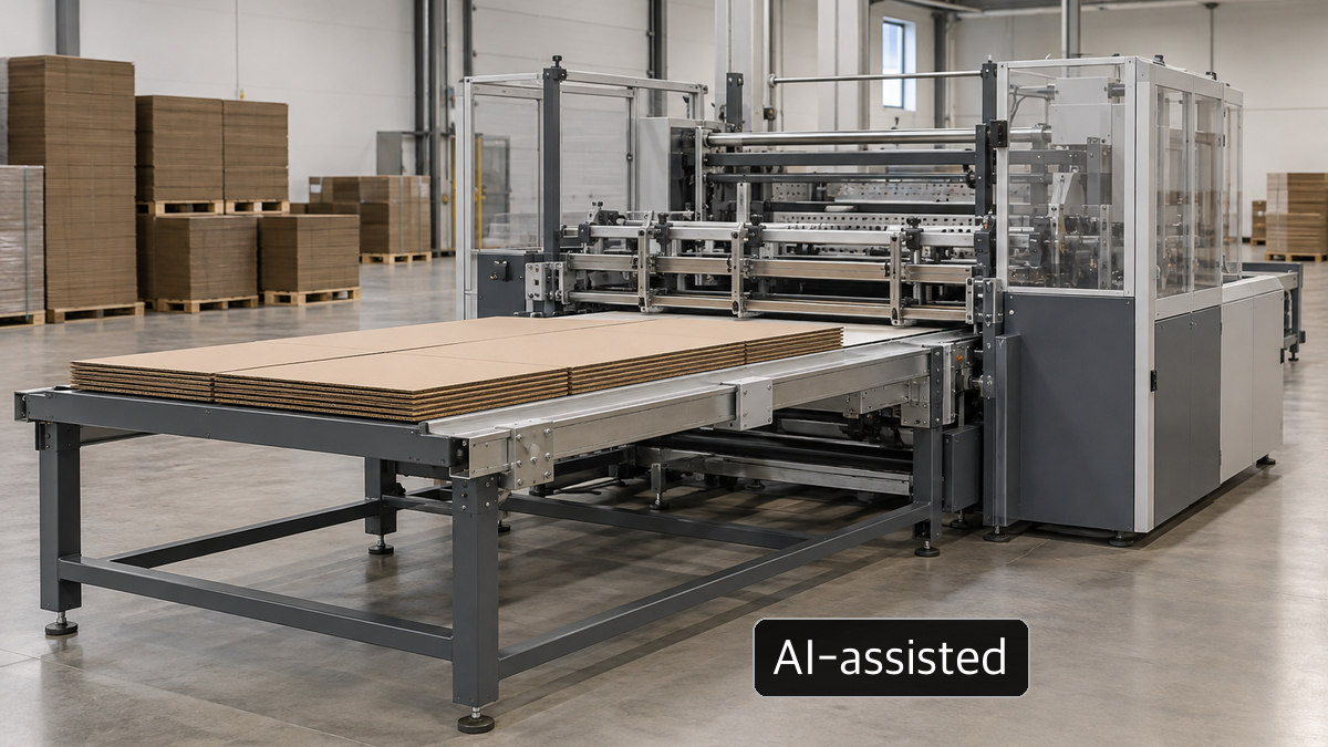 AI-assisted conceptual image: a generic corrugated-board converting line; not an IP facility or evidence of a signed sale