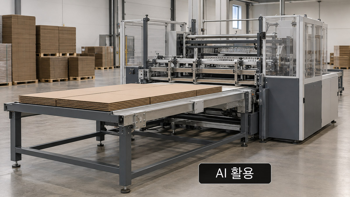 AI 활용 개념 이미지: 골판지 시트를 투입하는 일반 가공 설비; IP의 실제 시설·매각 계약을 나타내지 않음