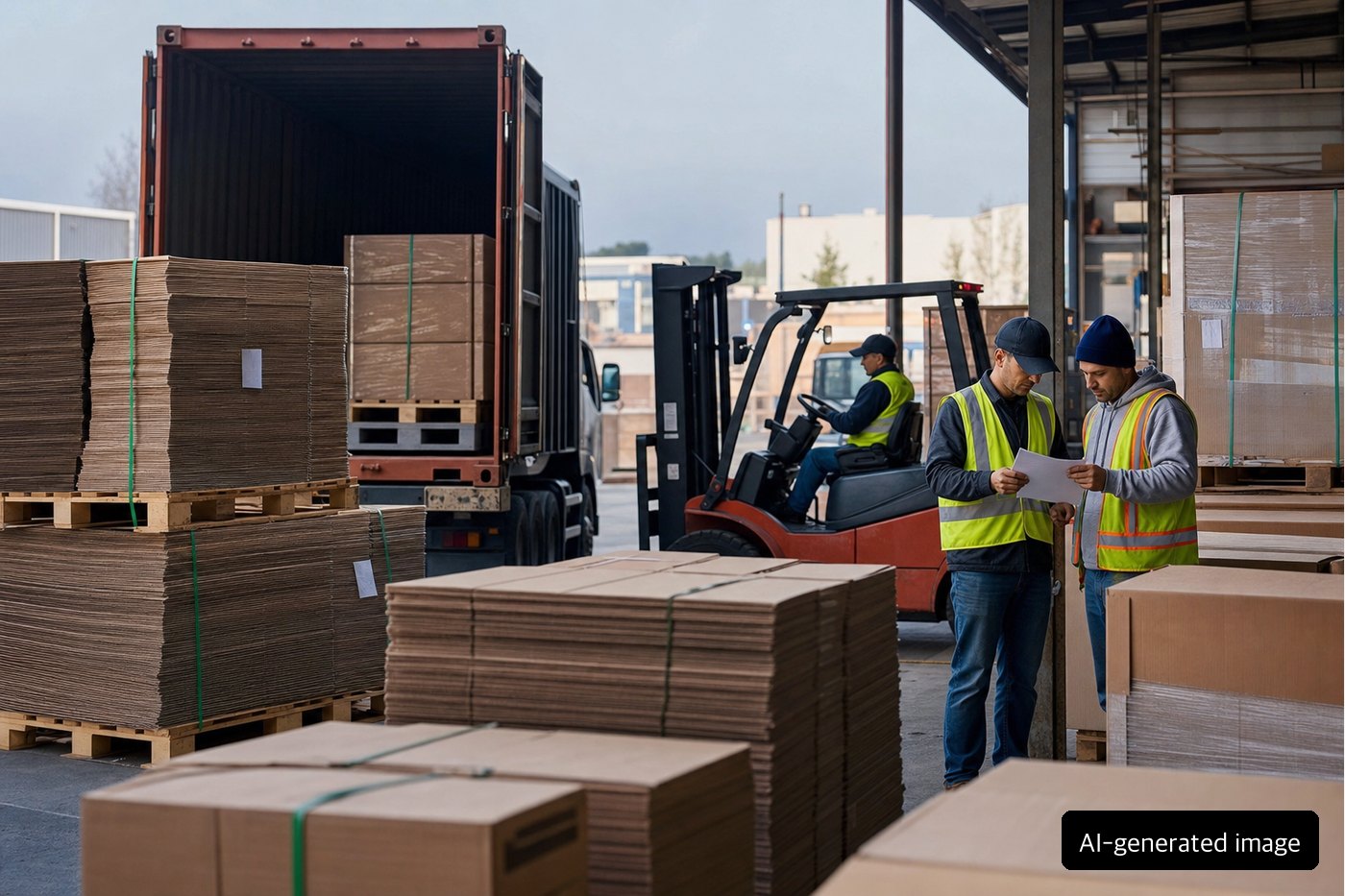 Workers reviewing paperwork near corrugated sheet stacks at a packaging plant loading area