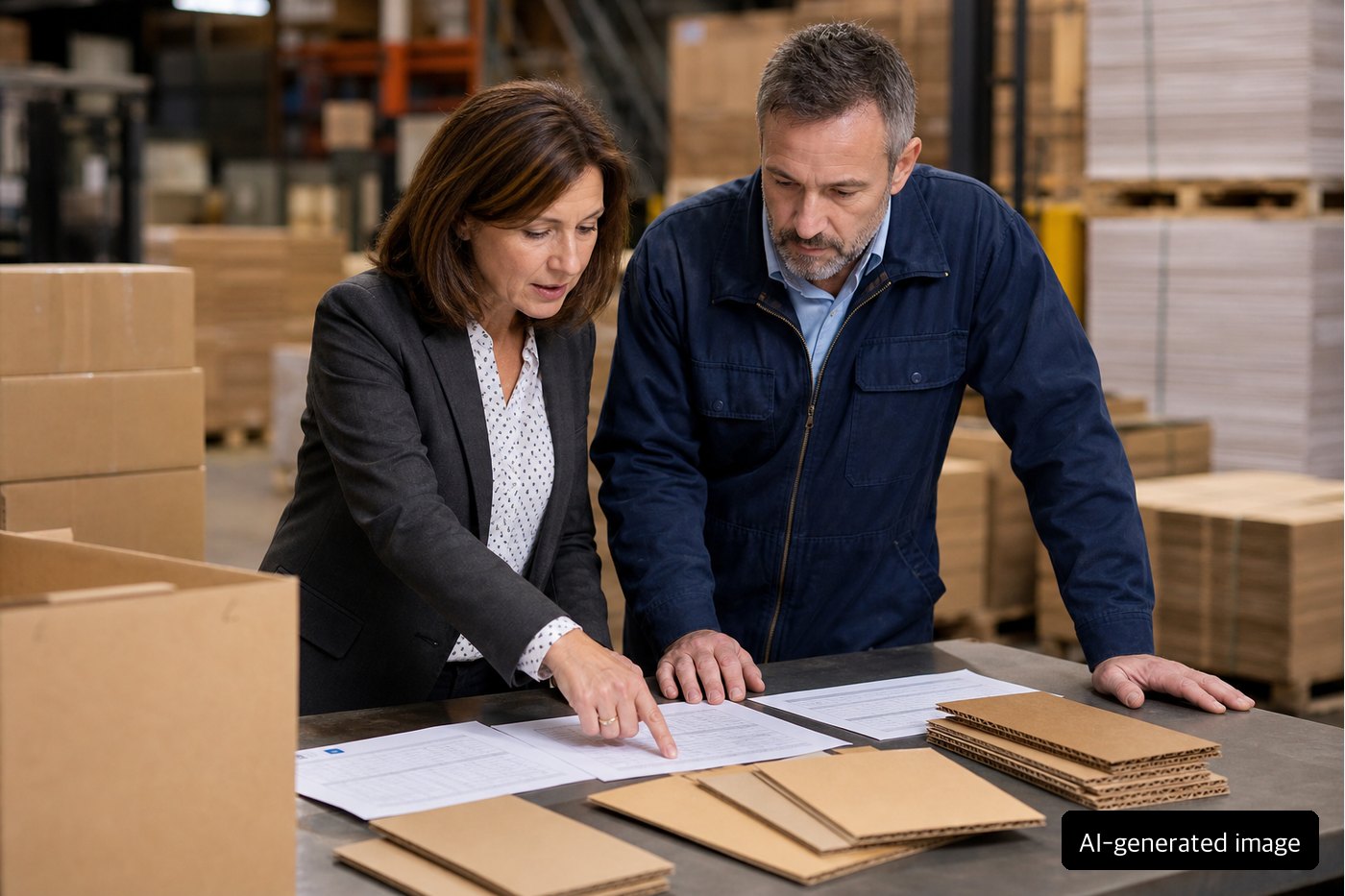 Packaging buyers reviewing export box quotes and corrugated samples