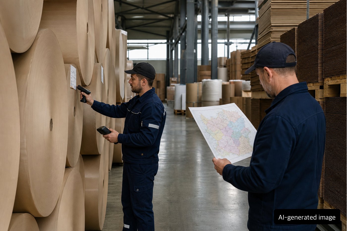 Workers checking kraft paper rolls and corrugated inventory in a warehouse