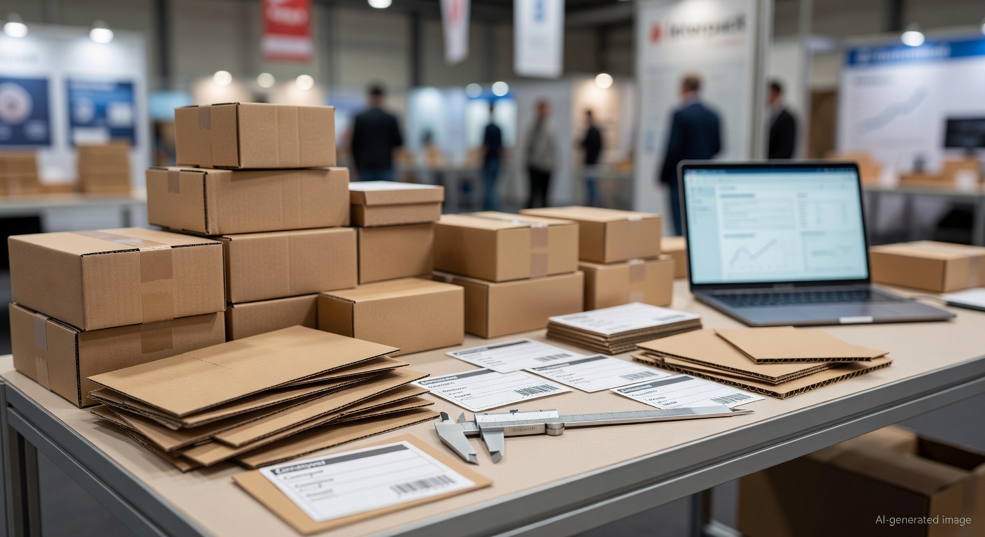 Paper packaging samples and export compliance checklists on an industrial workbench