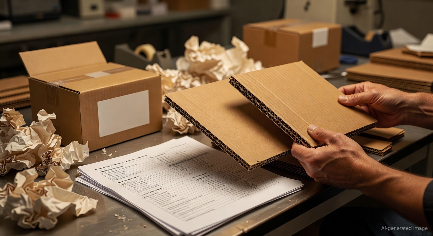 Packaging design team reviewing corrugated samples and label placement for export compliance