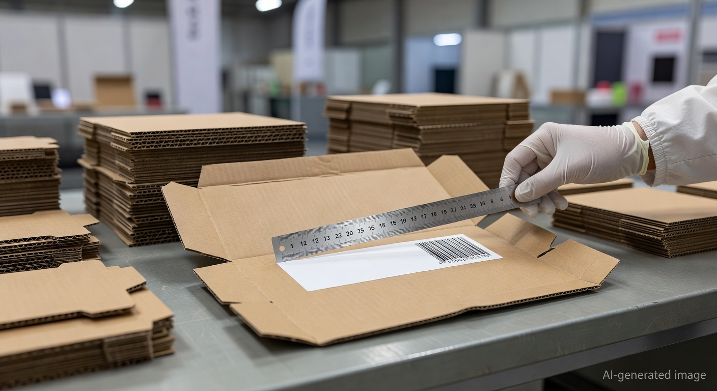 Quality-control bench checking label space and printed areas on export paper packaging