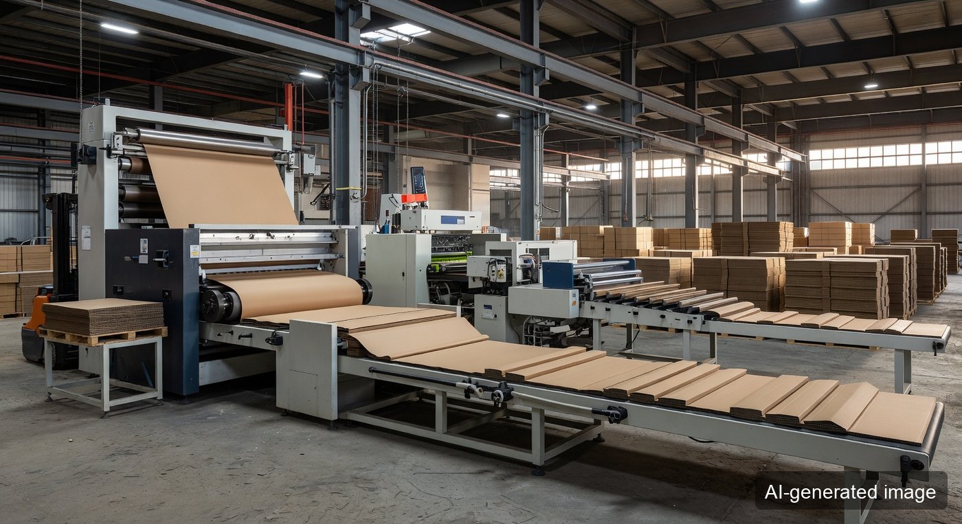 Corrugated sheets moving through converting equipment in an industrial packaging plant