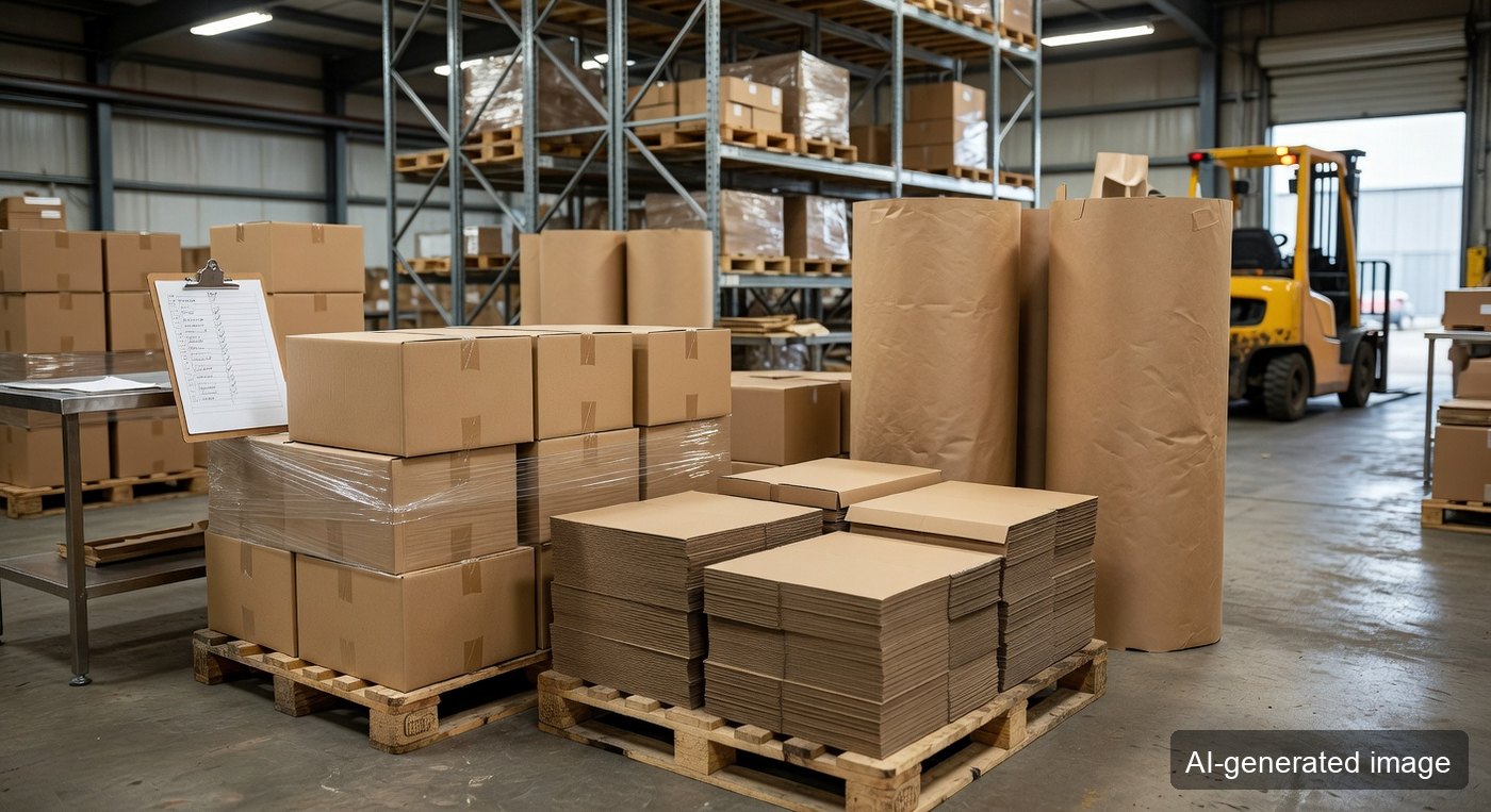 Export packaging warehouse with corrugated boxes, flat blanks, pallets, and quality checks