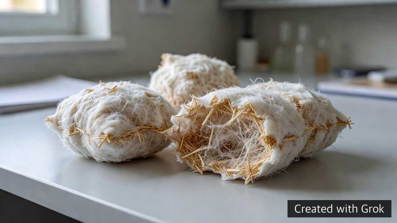 AI-generated concept of generic cushioning samples made from white fungal mycelium and agricultural residue; not a Jangheung product or signing photograph