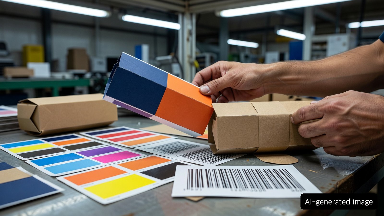 Two-color food packaging mockups and ink samples reviewed on an industrial packaging workbench