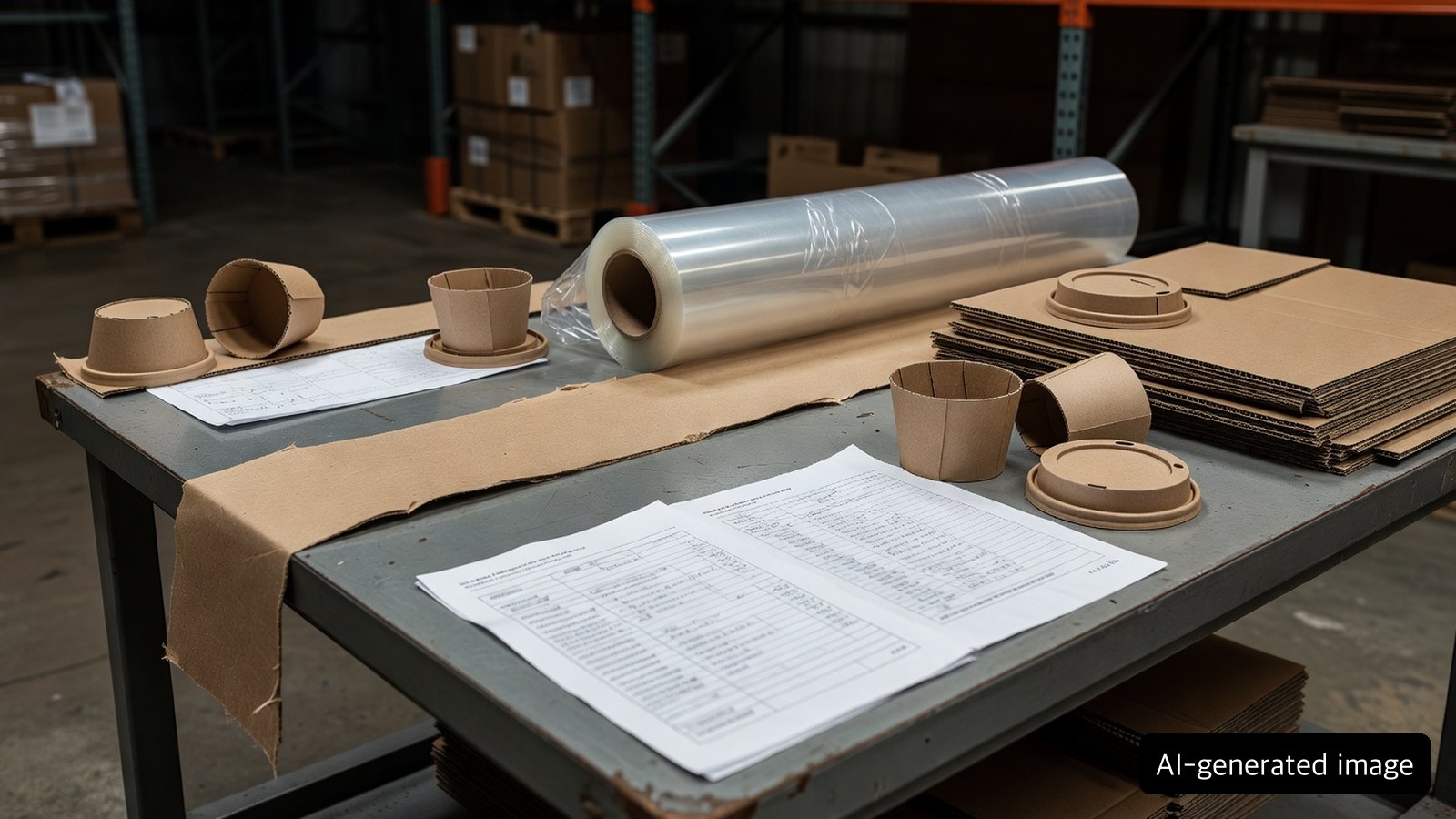 Packaging specification review with paper band, plastic film, paper lid prototype, and corrugated sheets