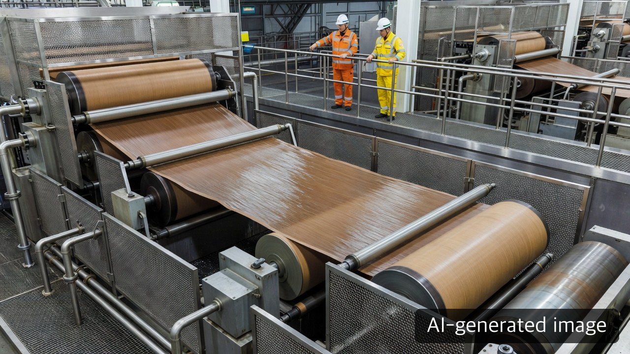 Operators checking a wet paper web and rolls in a large paper-machine press section