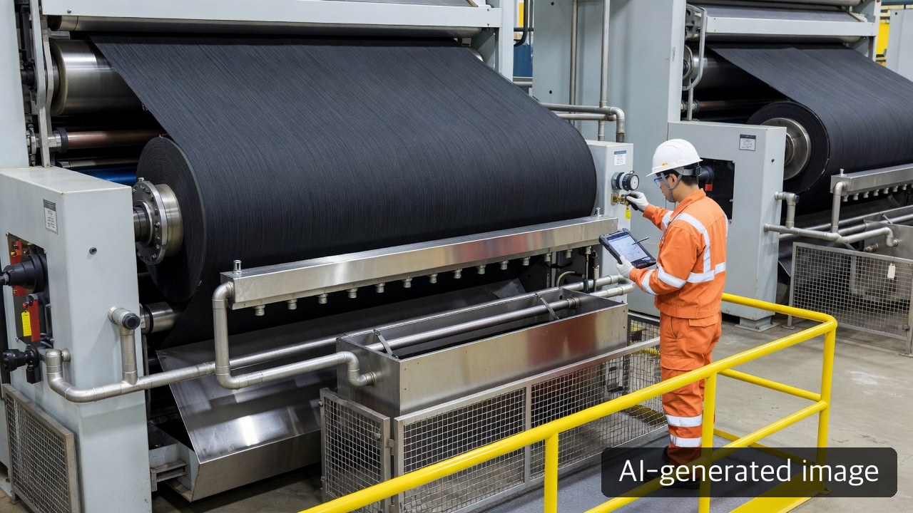 Engineer checking felt, vacuum, drainage and instrumentation in a stopped paper-machine press section