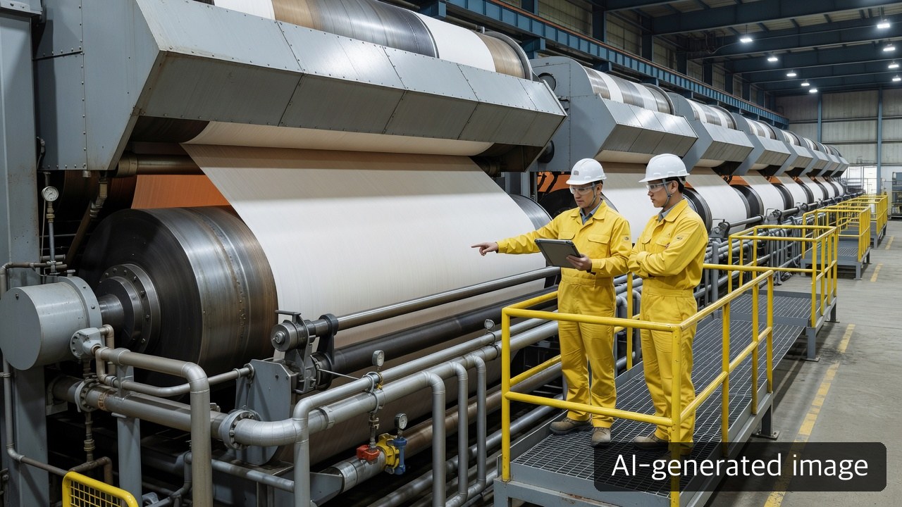 Engineers inspecting steam cylinders and condensate piping in a paper-machine predryer