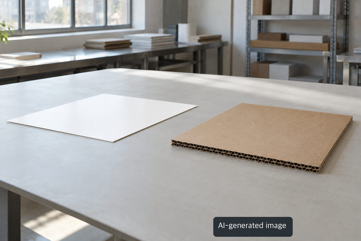 Conceptual samples distinguish smooth folding-carton board from corrugated shipping board, not an actual sale