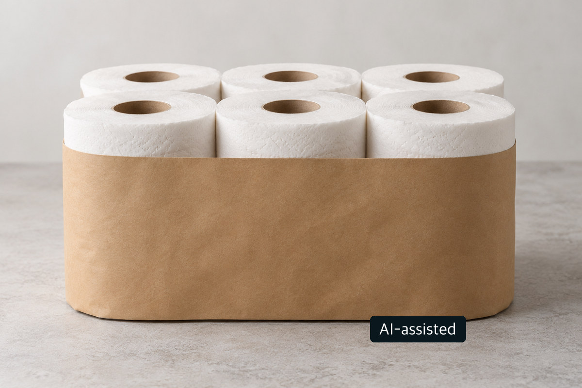 Unbranded six-roll tissue bundles beside brown paper outer wraps in a conceptual scene