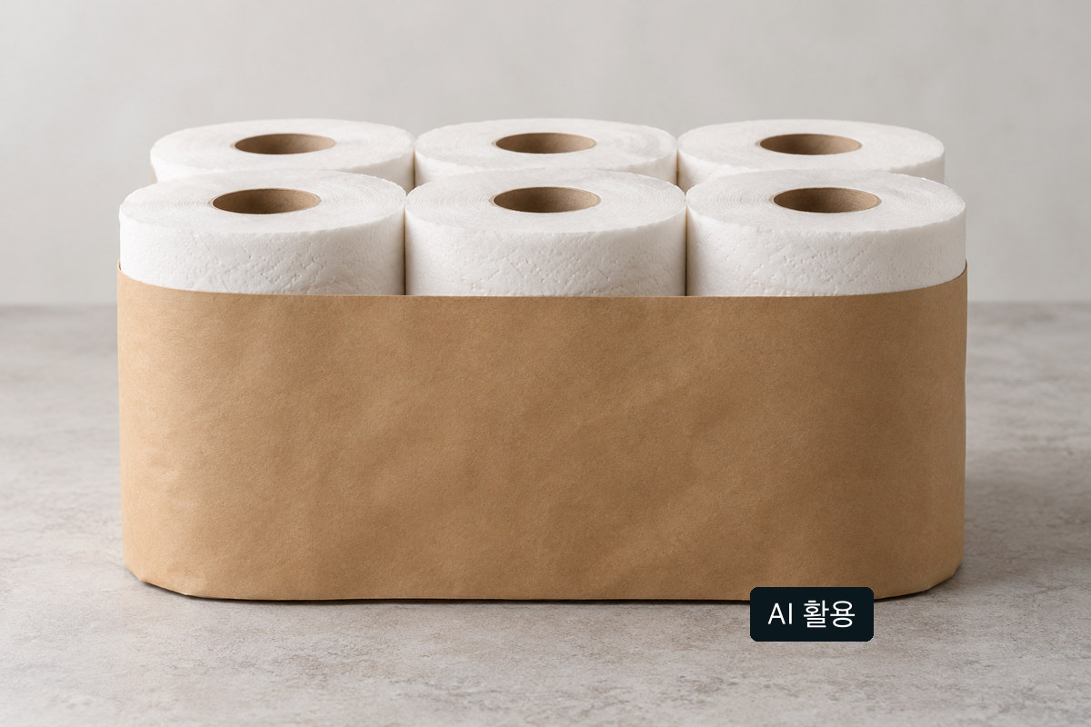 브랜드 표시가 없는 6롤 화장지 묶음과 갈색 종이 외포장을 놓은 개념 장면