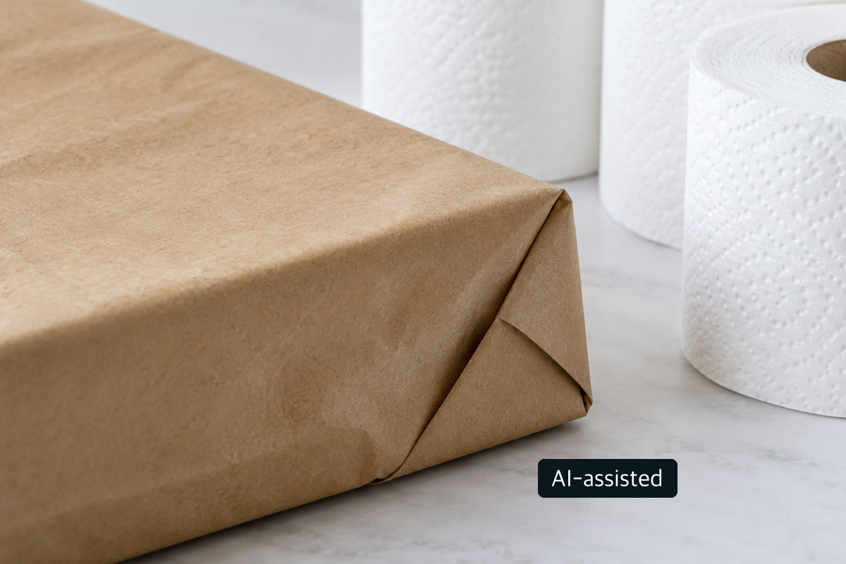 Unbranded six-roll tissue bundles illustrating possible paper wrapping concepts