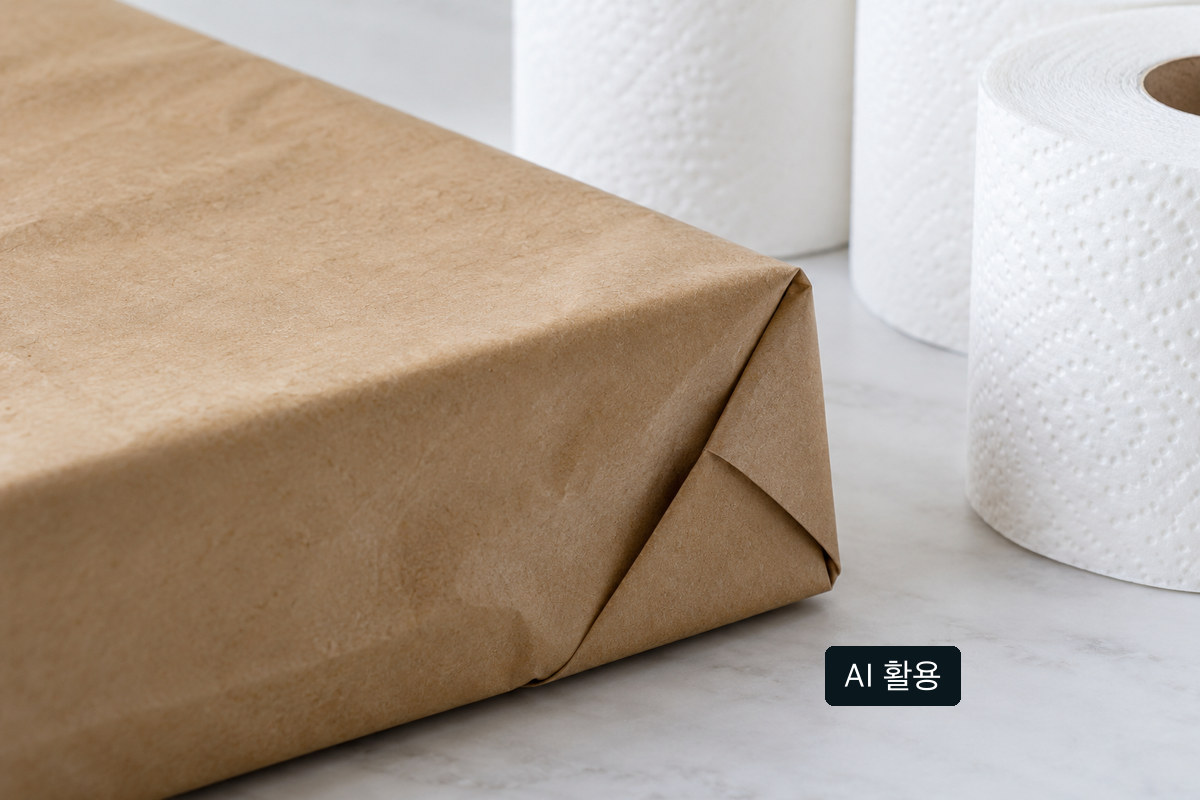 브랜드 표시 없는 6롤 화장지 묶음과 종이 포장 방식의 개념 비교