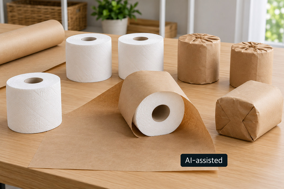 Unbranded kraft wrapping paper and loose tissue rolls on a worktable in a conceptual scene