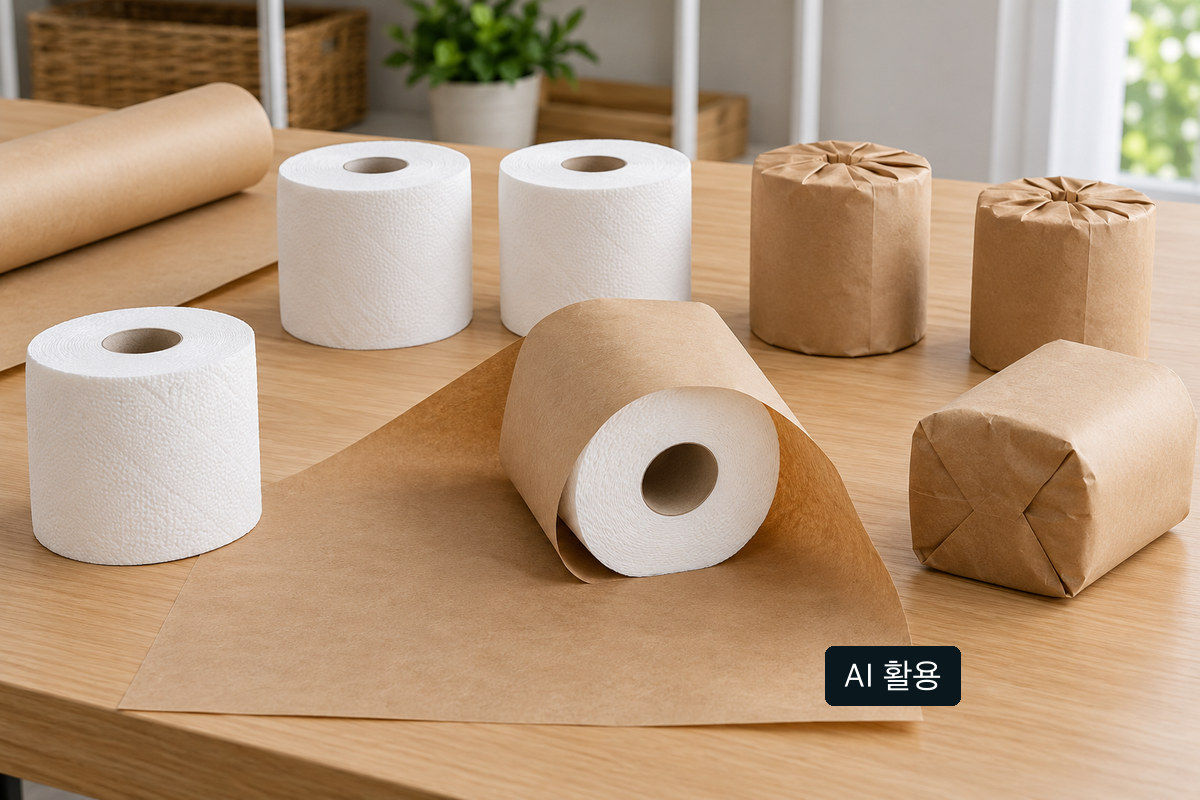 종이 포장지와 낱개 화장지 롤을 작업대에 놓고 접힘을 살펴보는 개념 장면