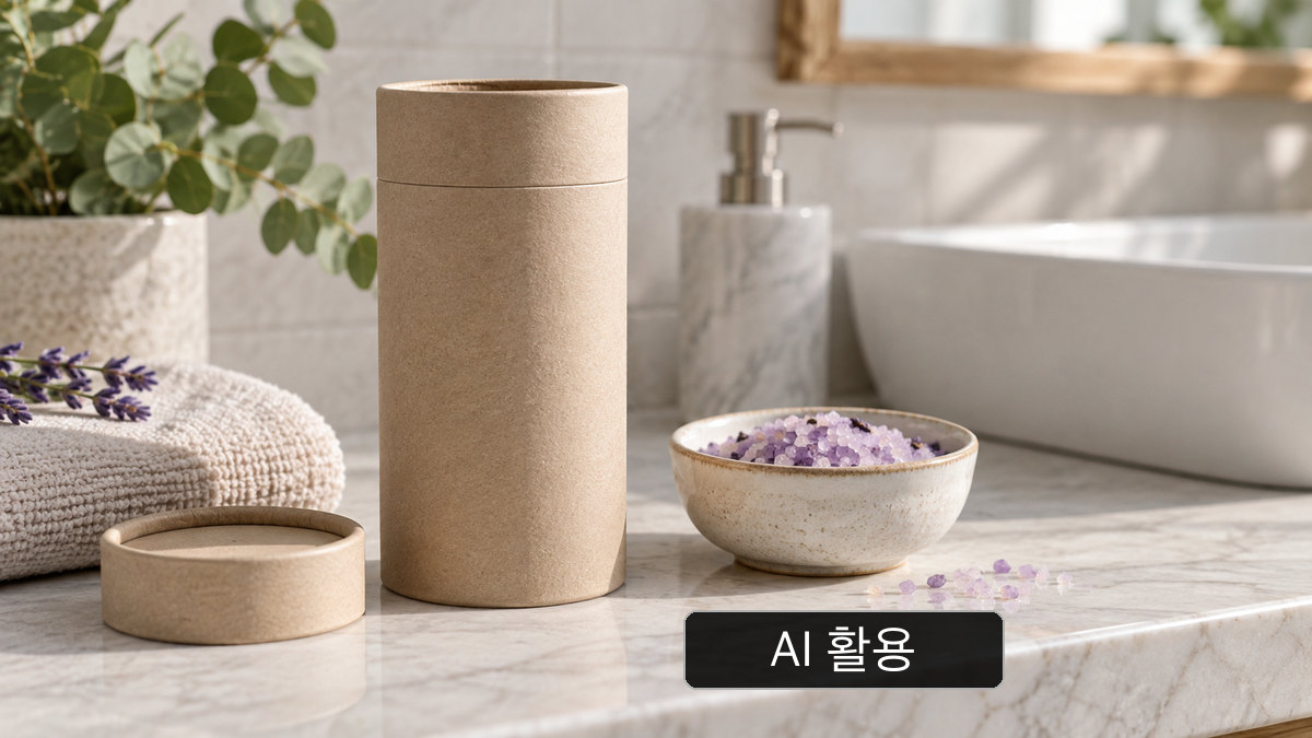 AI 생성 개념 이미지: 뚜껑이 닫힌 무표기 종이 원통 용기와 옆에 놓인 별도 뚜껑, 입욕제 결정 접시; Kneipp 실물이 아님