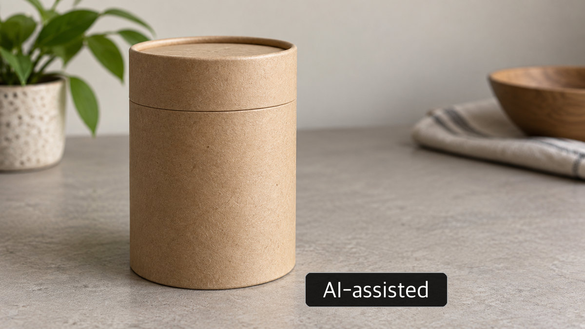 AI-generated conceptual image: Generic closed paper tube with a lid; not evidence of the actual GreenCan seal design