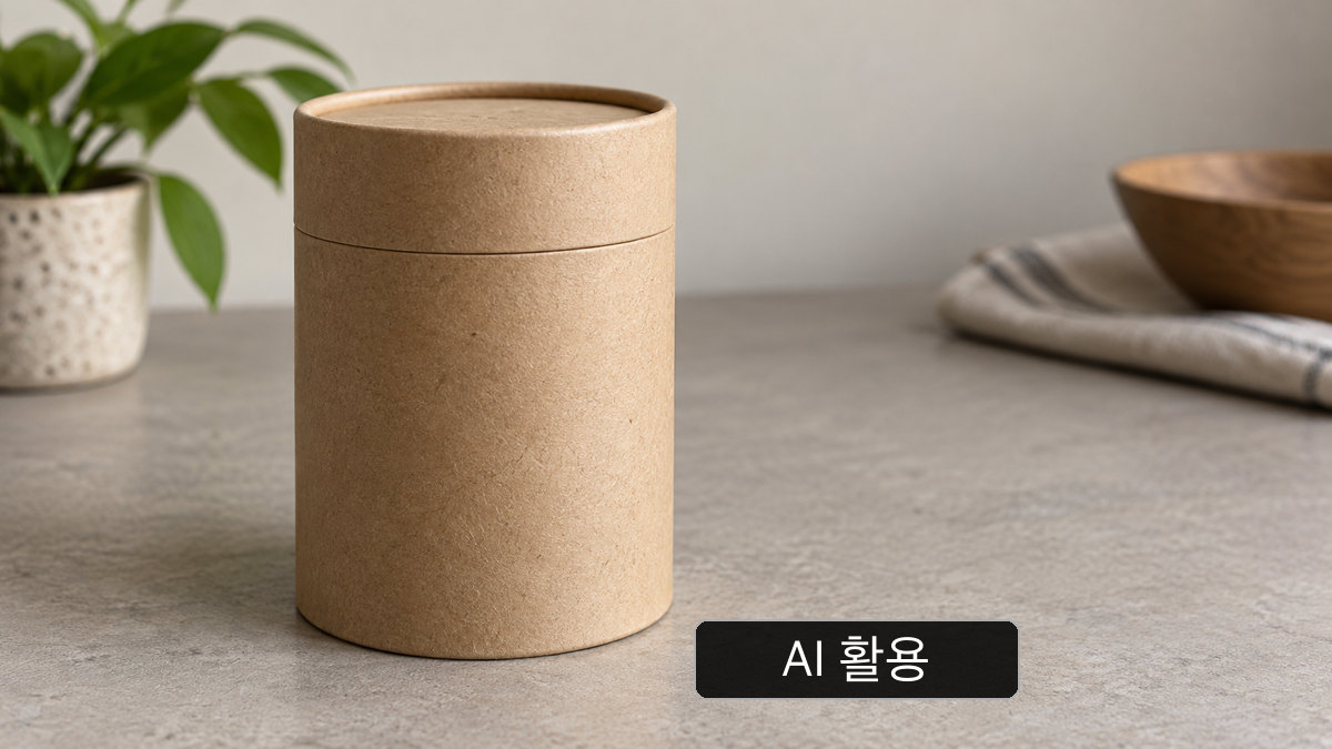 AI 생성 개념 이미지: 닫힌 뚜껑이 있는 무표기 종이 원통의 일반적인 개념 사진; GreenCan의 실제 밀봉 구조가 아님