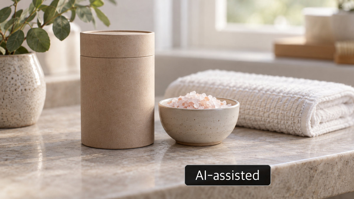 AI-generated conceptual image: Generic dry paper can beside a bath-crystal dish and towel; not a moisture-barrier test result