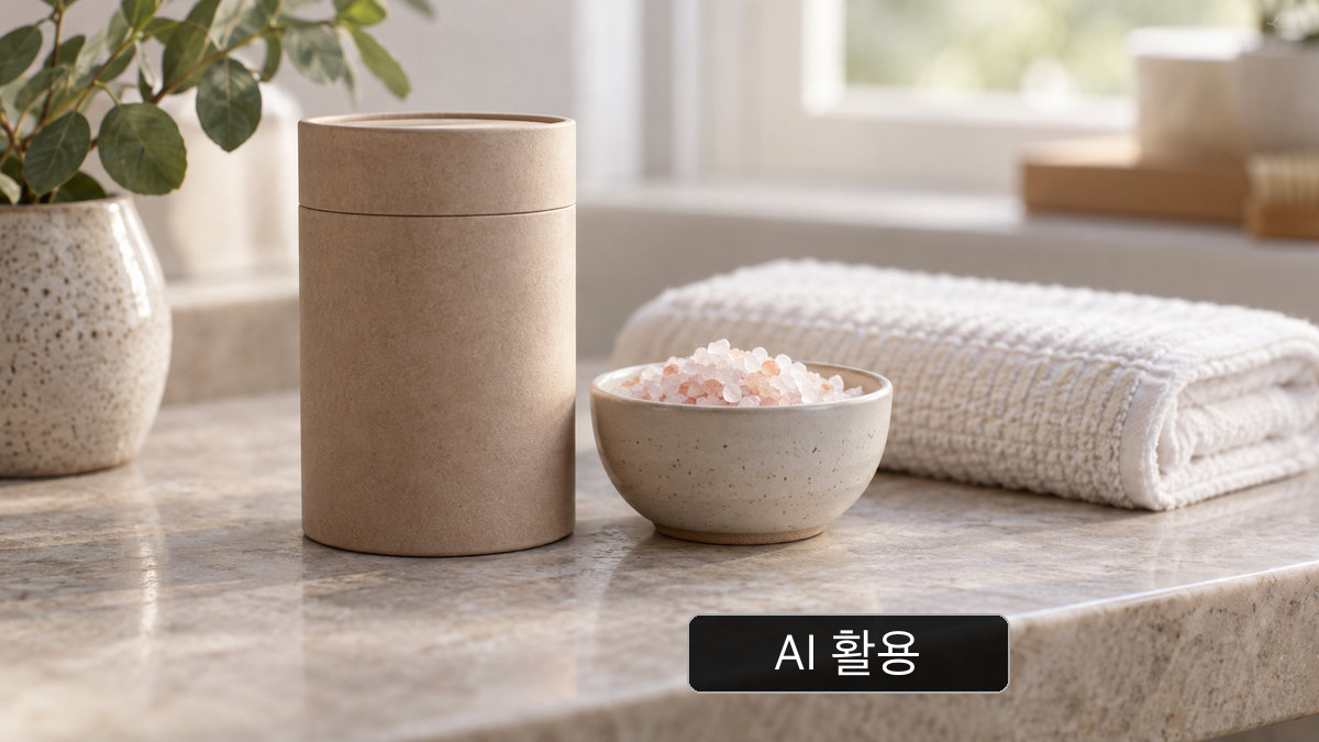 AI 생성 개념 이미지: 마른 욕실 상판의 무표기 종이 용기와 입욕제 결정·수건의 개념 장면; 방습 시험 결과가 아님