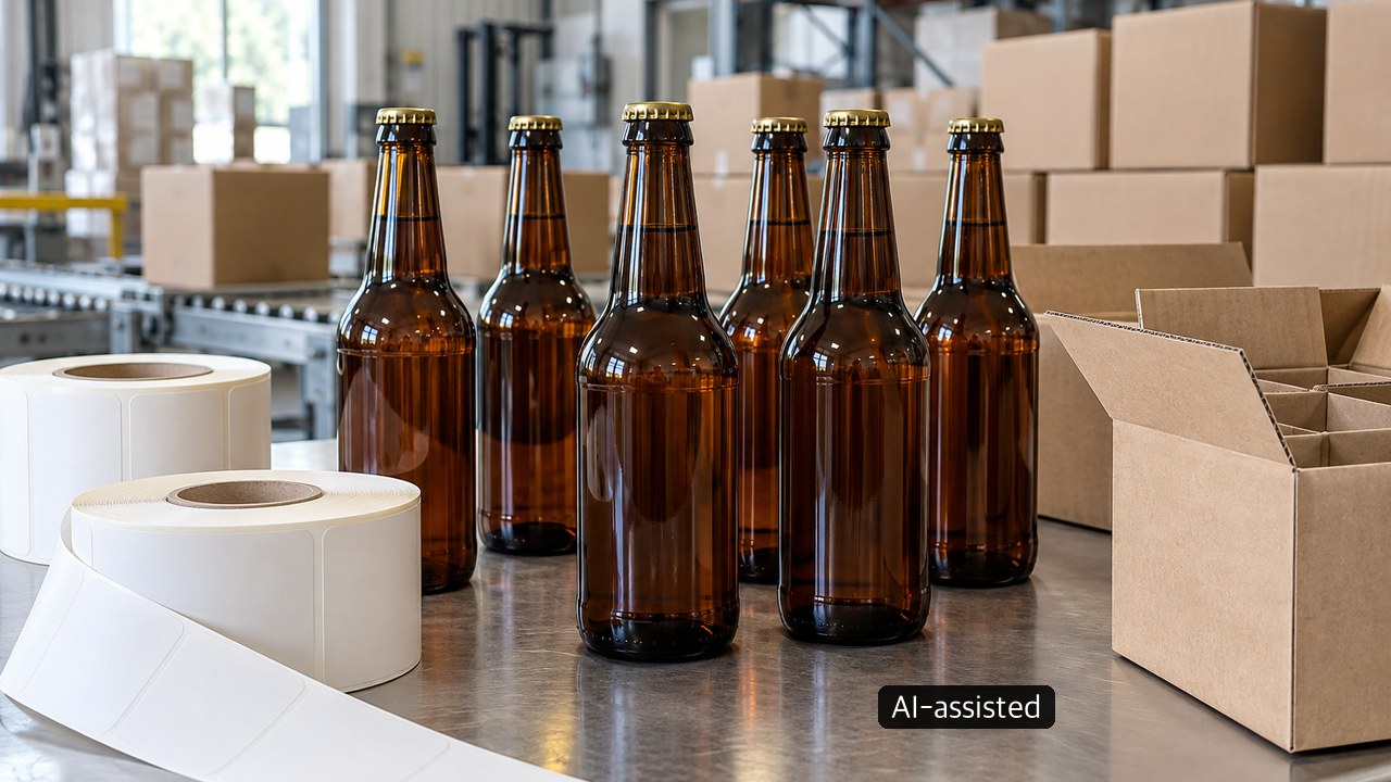 Conceptual packaging inventory with unbranded bottles, blank label rolls and cartons