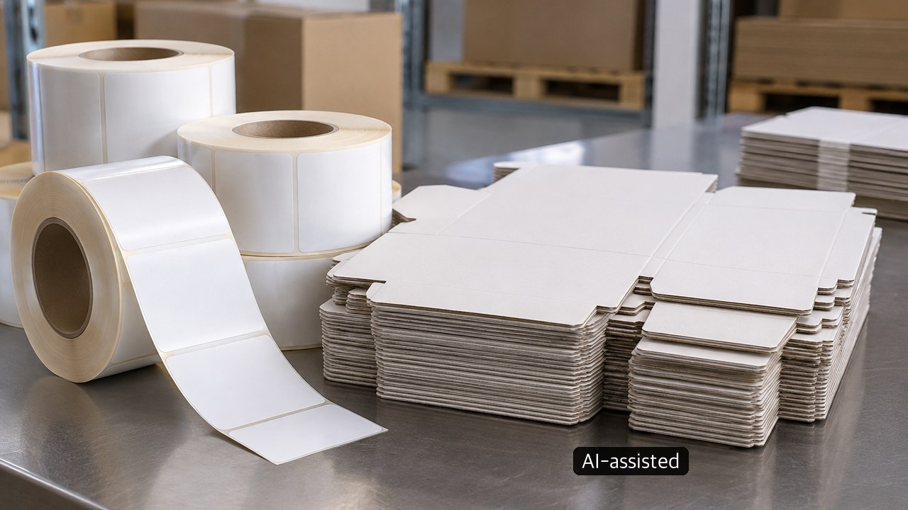 Blank label rolls beside stacks of flat carton blanks