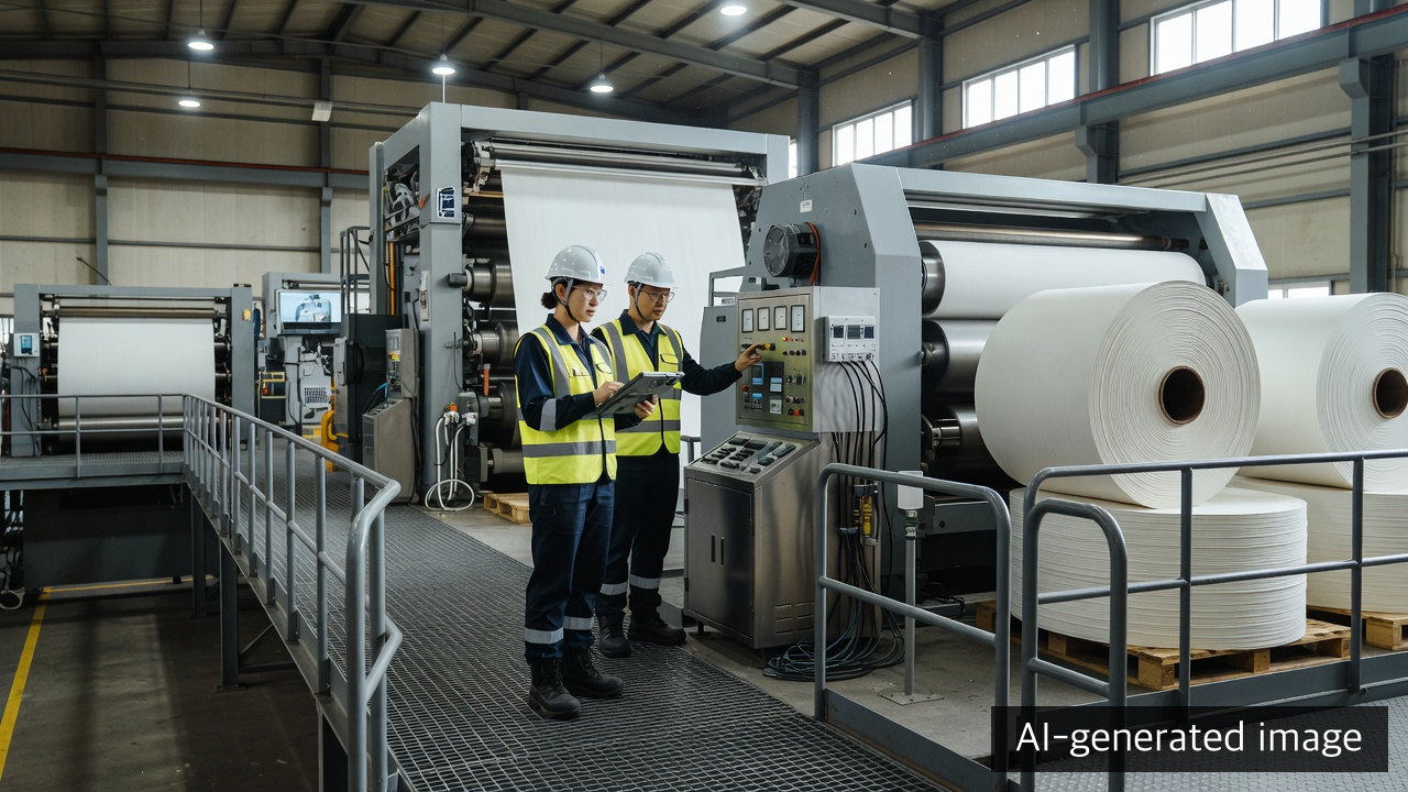 Illustrative paper-mill operators reviewing production equipment and an environmental monitoring area