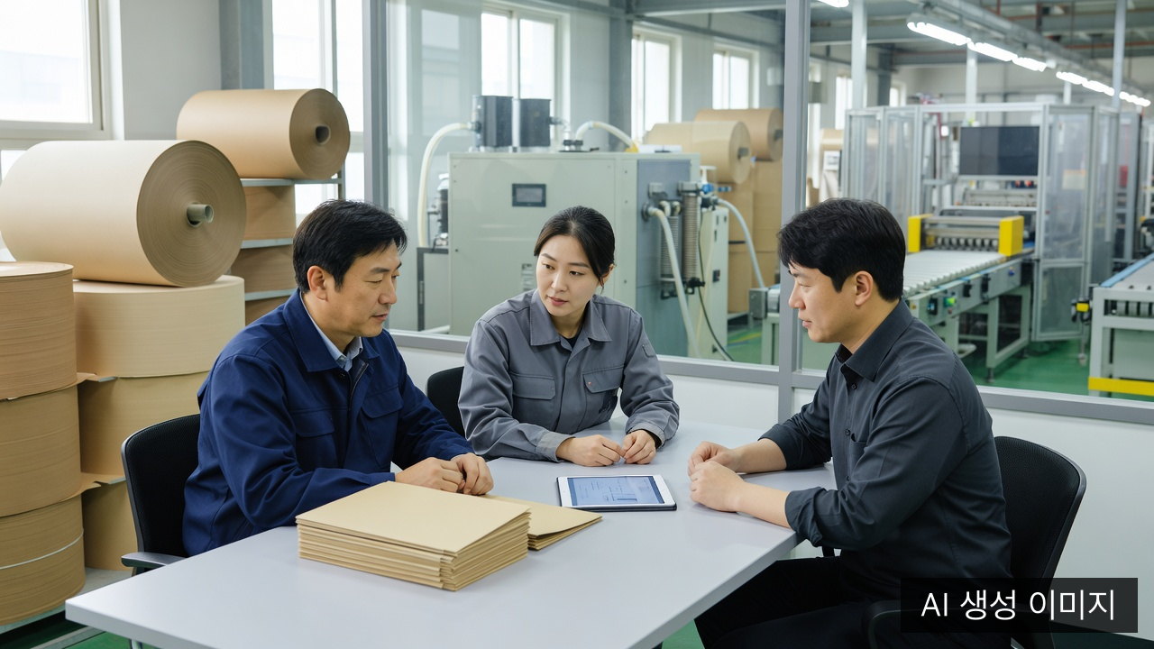 종이제품 공장에서 환경·생산·외부전문가가 자료 인계와 선임조건을 검토하는 예시