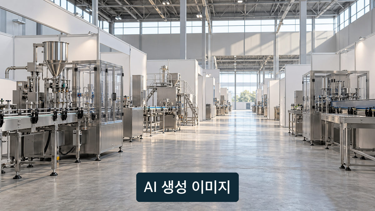브랜드 표시가 없는 포장 설비 전시 개념 장면
