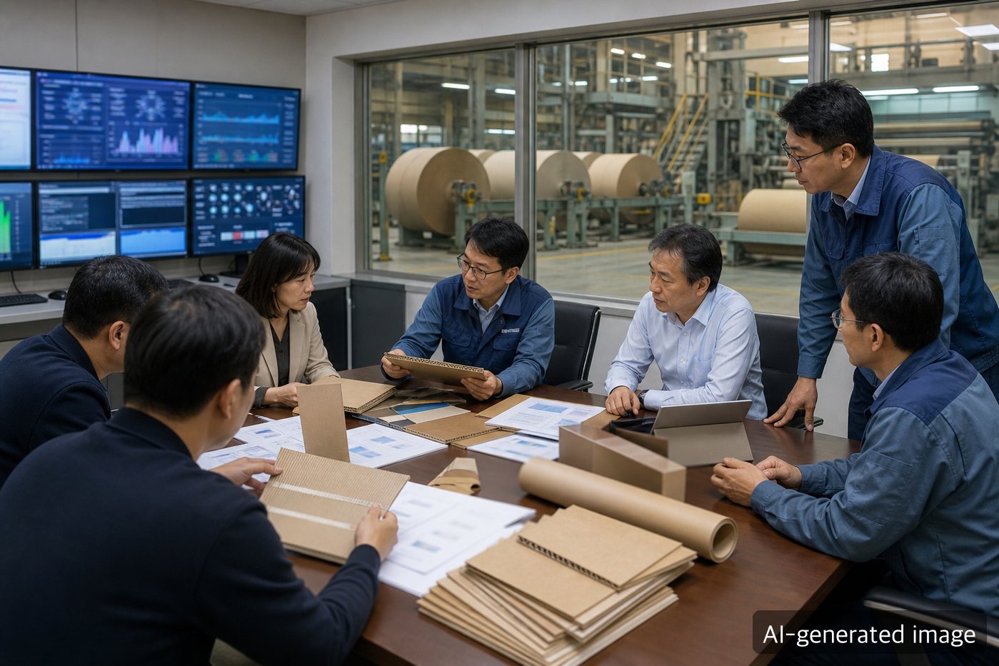 Paper mill control room where engineers and buyers review paper samples and packaging procurement data