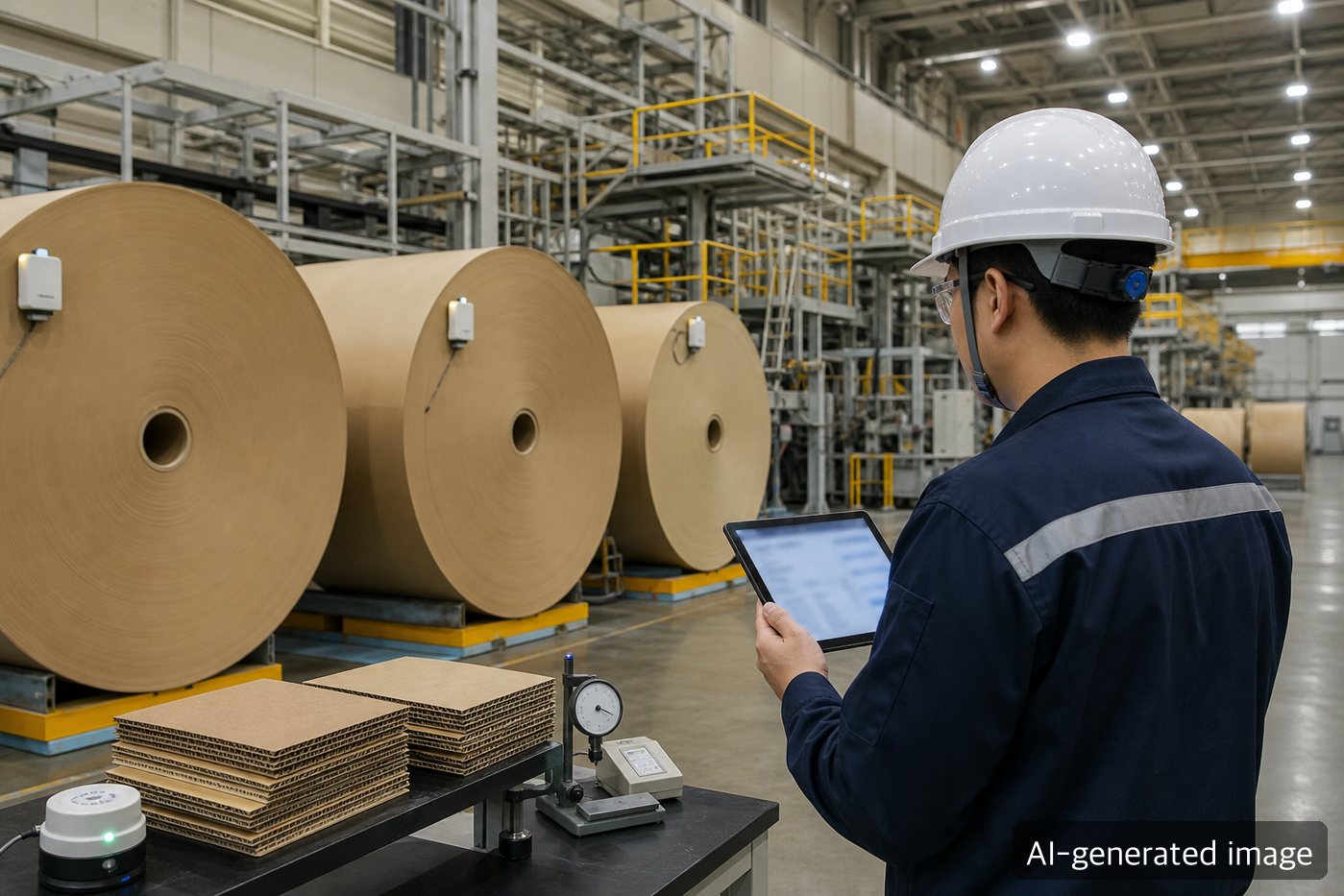Paper manufacturing floor where a worker checks kraft linerboard rolls and quality data