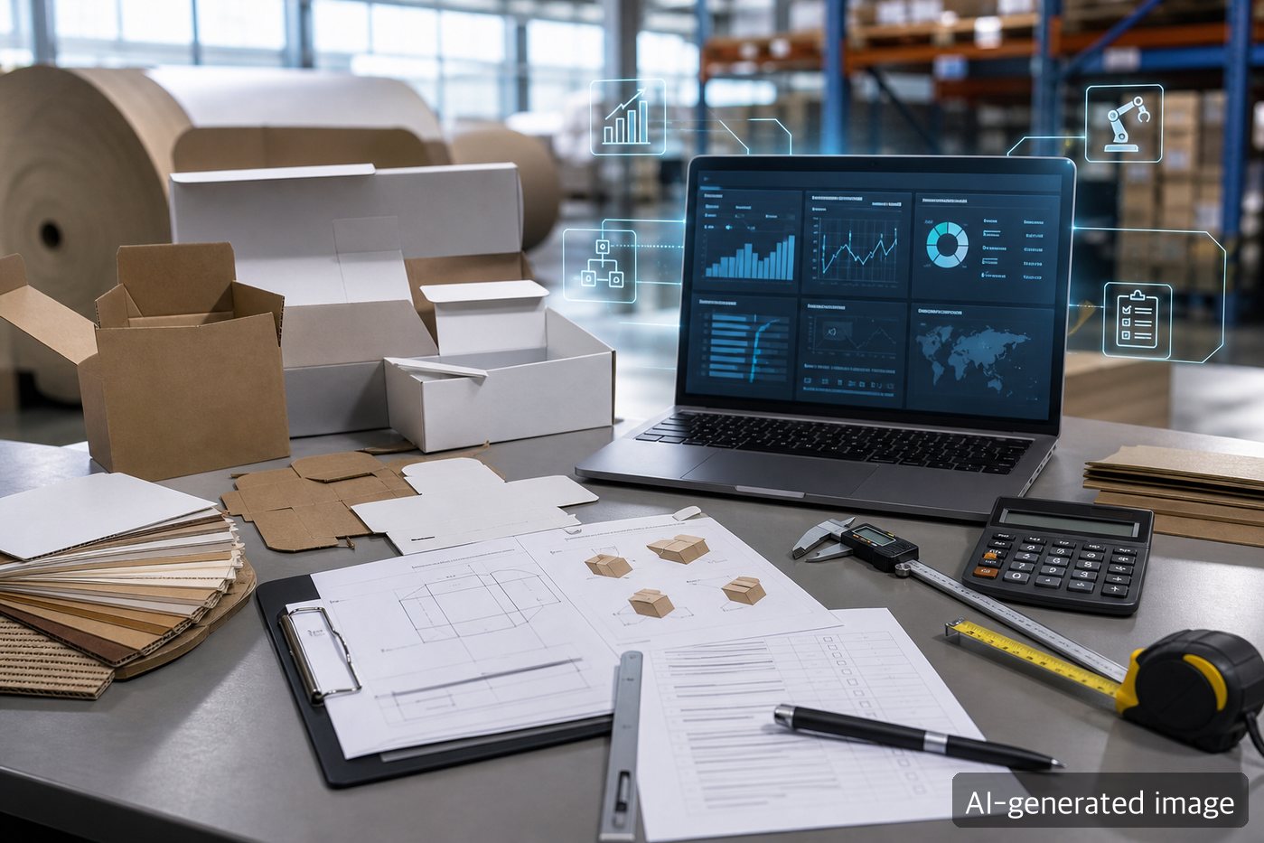 Packaging procurement desk with corrugated samples, linerboard swatches, supply dashboard, and checklist