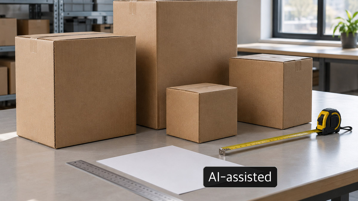 Plain corrugated cartons and a tape measure on a packaging bench, not an actual inspection or government document