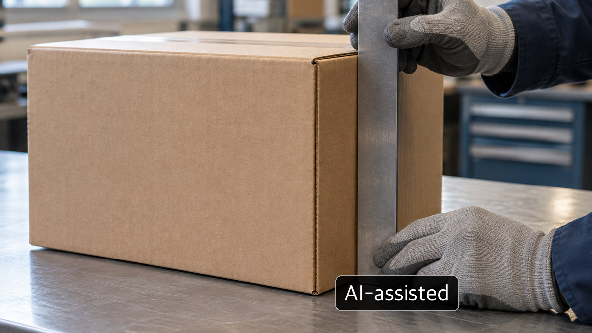 Conceptual image of a gloved worker holding a metal straightedge against a plain carton, not an official inspection