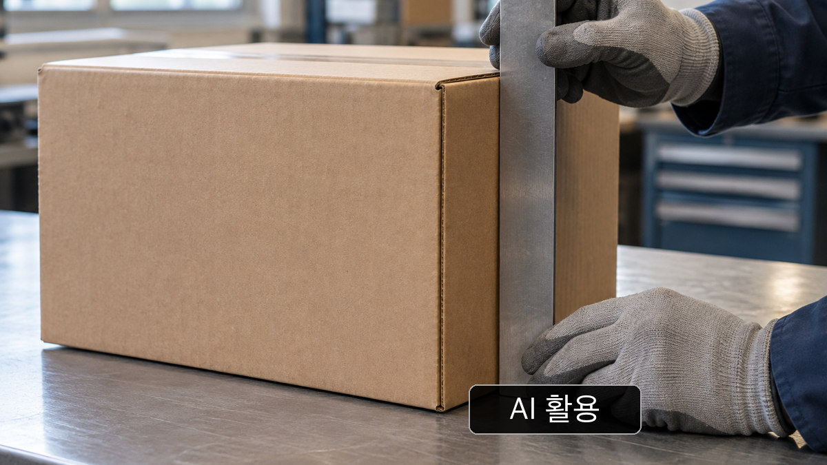 장갑 낀 작업자가 일반 상자에 금속 자를 대는 개념 이미지. 공식 점검이 아님