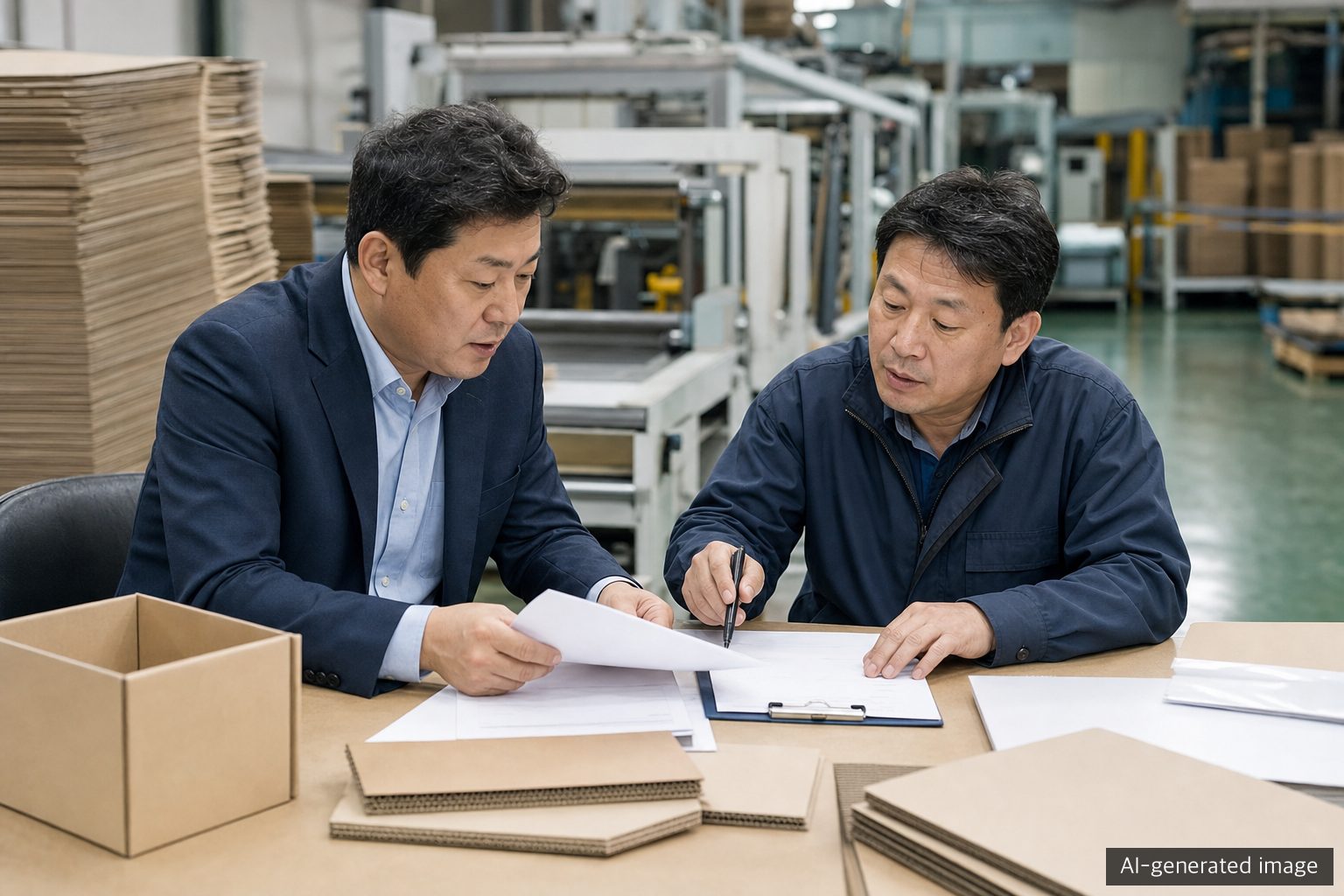 Packaging professionals reviewing transaction-term documents in a corrugated box plant