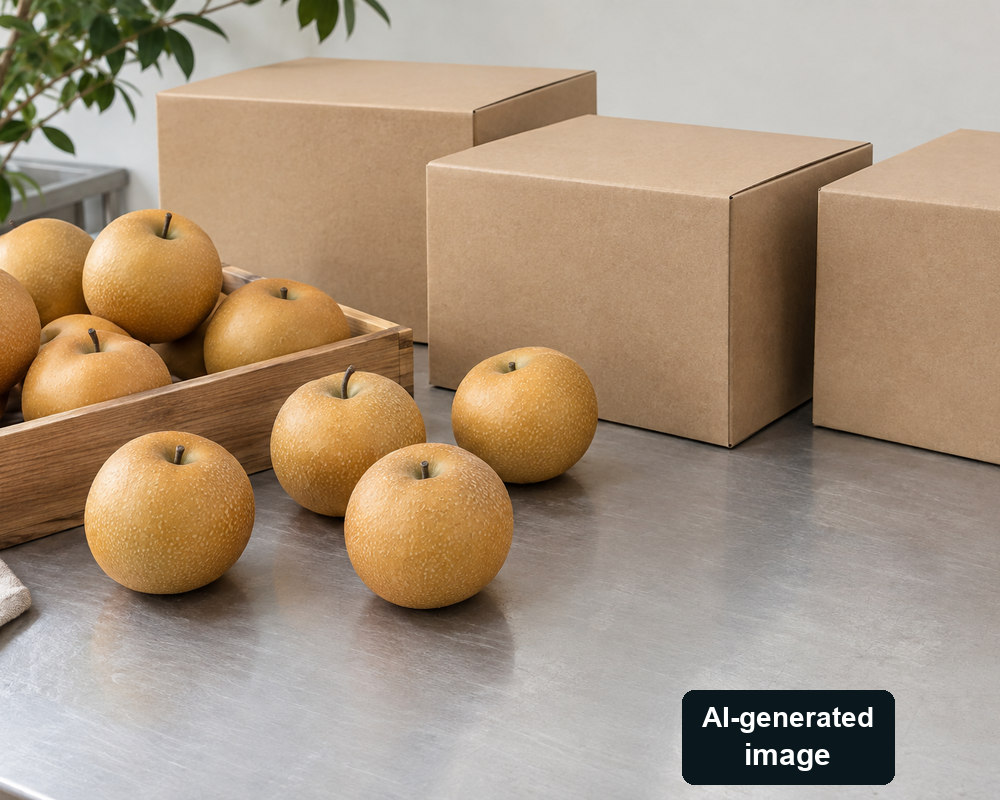 AI-generated staged round Asian pears beside closed unmarked cartons; not the Asan shipment or actual standard-package design